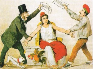 Dibujo de revista de la época en que dos hombres que personifican a los bandos en disputa tironean uno de cada brazo de una mujer, que representa el país.