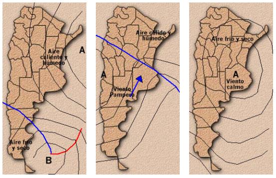Tres mapas de argentina en los que se grafica la dirección del viento