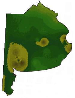 Mapa que indica la velocidad media anual de los vientos en la provincia de Buenos Aires en metros por segundo