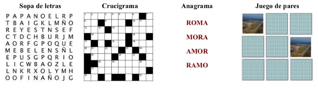Sopa de letras, crucigrama, anagrama, juego de pares