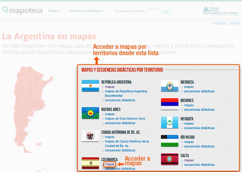 Lista de territorios con enlaces para acceder a los mapas