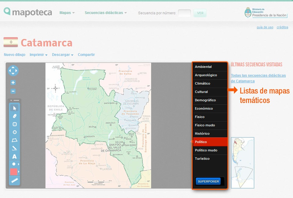 Lista de mapas temáticos a la derecha en el visor de mapas