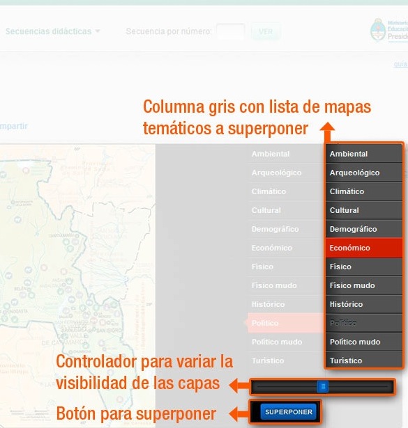 Componentes de la función superposición: botón, controlador de visibilidad, lista de mapas a superponer