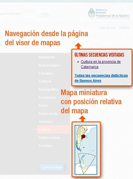 Navegación alternativa desde la página del visor de mapas:útlimas secuencias, todas las secuencias por territorio, y mapa para volver al inicio