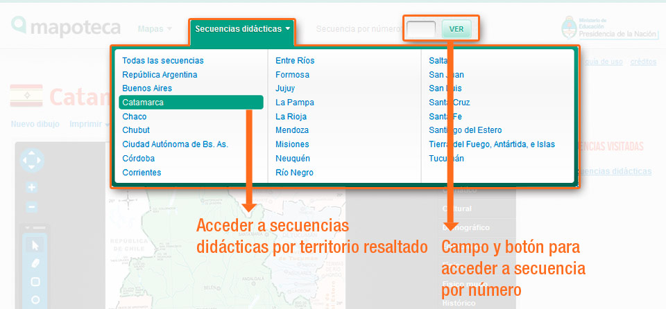 Botón y menú desplegable para acceder a los mapas por territorio