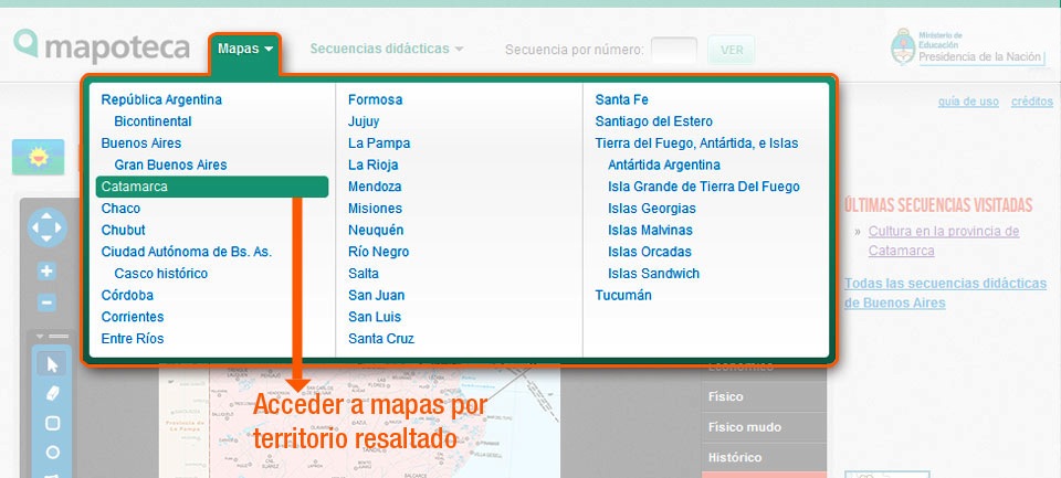 Botón y menú desplegable para acceder a los mapas por territorio